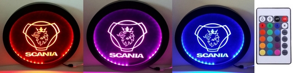 Табличка с диодной подсветкой SCANIA 12/24в, 16 цветов, диаметр круга 250мм